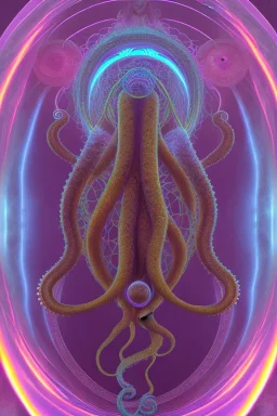 Spiritual being with Tentacles over human Head creating reality around, wrapping Spiral around Human, Psychedelic