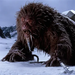 [photo from The Thing (1982)] Despite its fragile appearance, there is an undeniable aura of menace that emanates from the creature. Its very existence defies logic and reason, a twisted fusion of science and nightmare that should never have been brought into being. The vaccination syringe, gleaming with malevolence, extends from the creature's arm like a deadly weapon waiting to strike