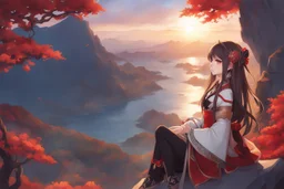 woman with long brown hair, red eyes, pale skin, highly detailed, intricate background, intricate face, sitting on a cliff during sunset, contemplative, anime style, Genshin Impact inspired, wears a Genshin Impact, pyro vision bracelet, dynamic composition