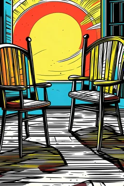 Two chairs outside, cartoon style, thick lines, vivid details, --ar 9:11