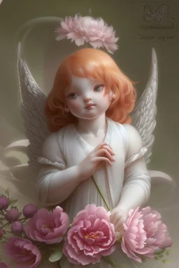 general view: a very small and delicate charming one-year-old angel with a perfect face with straight red hair from heaven sits in the garden on a blanket of cut peonies and holds a pink peony flower without a branch, in front of her liesa large fluffy gray cat, jean baptiste monge style, without inscriptions, logos and extraneous stamps, there should be no extra fingers and toes, don't make your cheeks scarlet red elegant fantasy photorealistic beautiful ultra detailed cinematic postprocessing