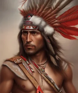 Guaicaipuro,native american warrior, Muscular, three red feathers headband, holding spear