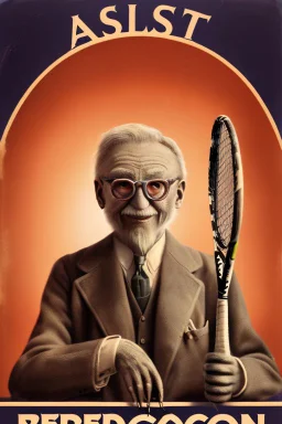 old man in 1928 poster advertising racoon tennis, raccons flying in air between tennis rackets while humans::4 use them as a tennis ball