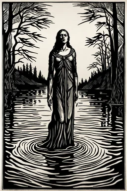 create a deeply powerful tragic, heart wrenching, and evocative, full body woodcut of the Lady of the Lake, with highly detailed and deeply cut facial features, in the style of KATHE KOLLWITZ , searing lines and forceful strokes