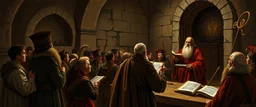 fantasy art, style of Rembrandt, A reading at the Vault of the Sages: A renowned scholar is giving a public lecture. Guards are turning people away, as the hall is at capacity.
