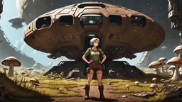 A skinny 50-year-old woman standing, hands on hips, in brown shorts, shirt, and boots, standing next to a squat cargo spaceship, sitting in a clearing, in a derelict alien town with mushrooms and fungi.