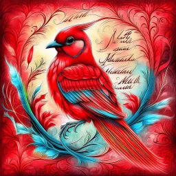 B a vibrant digital chalk sketch painting featuring a double exposure image of a beautiful majestic red cardinal, ultra-detailed, within the body of the cardinal is a heart with the words "I AM ALWAYS WITH YOU" in a beautiful script