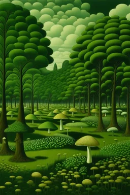 A lime green grove filled with mushrooms painted by Henri Rousseau