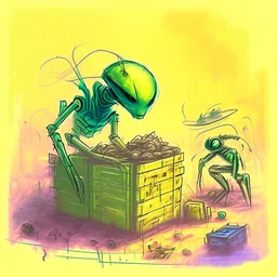 crate an Alien environemt with some aliens doing daily task work, watercolour painting