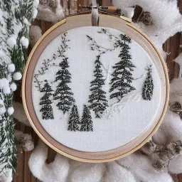 exquisite whimsical snowy forest in embroidery hoop, intricate, highly detailed, linen and wood backdrop