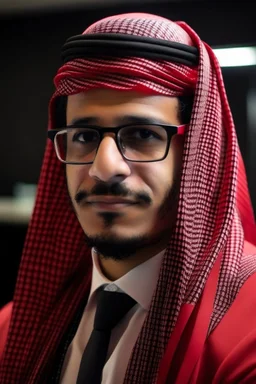 A Saudi lawyer wearing a modern red Saudi shemagh and headband law