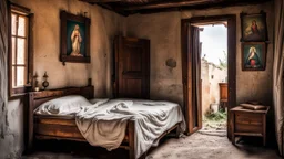 poor European small village room with a narrow old vintage wooden bed, large white pillows at the end of the bed, an old wardrobe, a small wooden table by the wall with a kerosene lamp on it, a religion painting of the Virgin Mary the blessed mother with sacred heart on the wall, an old rectangular mirror on the wall, the wooden framed window simple poor village furniture, sharp focus, high realistic, perfect photo,