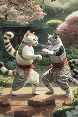 martial artist cats fighting in a Japanese garden