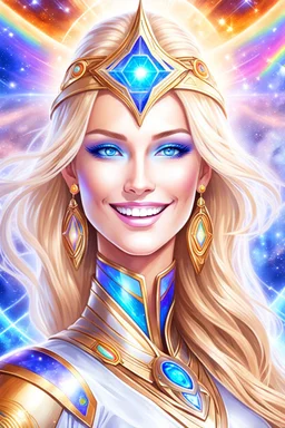 cosmic woman smile,galactic fédération, admiral from the future, one fine whole face, crystalline skin, expressive blue eyes,rainbow, smiling lips, very nice smile, costume pleiadian, Beautiful tall woman pleiadian Galactic commander, ship, perfect datailed golden galactic suit, high rank, long blond hair, hand whit five perfect detailed finger, amazing big blue eyes, smilling mouth, high drfinition lips, cosmic happiness, bright colors, blue, pink, gold, jewels, realist, high,ufo,birds rainbow,