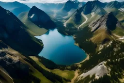 vista aerea de montaña rocosa con lago, alta resolucion