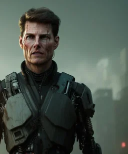 A portrait post-apocalypse cyborg Tom Cruise in a cyberpunk city, sci-fi fantasy style, 8k, volumetric lighting, particales,highly detailed,cinematic, deep scars on face,deep colours.