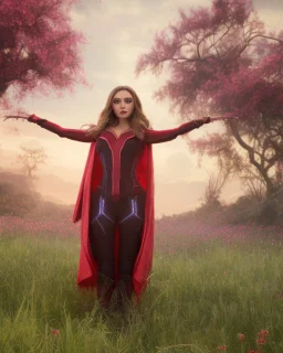 Feiticeira escarlate, Elizabeth Olsen, feiticeira, magia, rosto detalhado belo, bonita, cenário em um campo de flores, cinematográfico, dramático, por do sol, campo de flores, cores frias