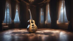 Hyper Realistic extremely-fancy-guitar standing on a floor of a fancy castle lounge with beautiful windows & velvet-curtains-with-musical-notes-printed-on-curtain at dark night with dramatic-&-cinematic-ambiance