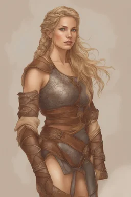 A drawing of beautiful woman with blond hair, viking braids Brown leather armor.