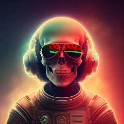 Midjourney style of detailed and intricate skull wearing red sunglasses| wearing cosmonaut suit| portrait and science fiction theme| aurora lighting| nebula and stars| stunning environment| volumetric lighting| vibrant