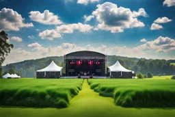 a big open disko stage in country side environment ,green field , at distance,blue sky pretty clouds .