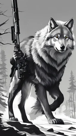 Add a wolf beside the legs, the man hunting the wolf with his gun