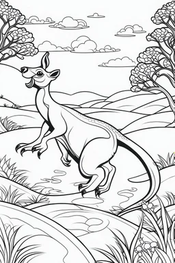 Illustrate a vibrant scene of a kangaroo hopping happily across the Australian outback, clean line art, white background, no shadows, black and white coloring book.