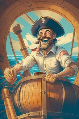 a cheerful sailor sitting on rum barrels aboard a sailing ship at sea, with the ship's steering wheel in the background