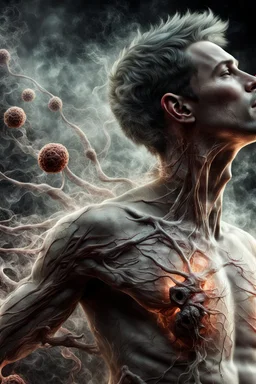 a photorealistic 12k ultra definition of a beautiful man, he is captured in a mysterious stretching pose with face slightly hidden, his full body exposed to reveal cancer cells in lungs. it grows on his chest skin, roots and cells, vakely exhaling smoke,dark and mysterious lighting in background , epic, gothic photography , explosive and chaotic background