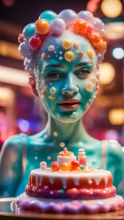 portrait of cute woman with jelly mask , baker of the highest many storied advanced art cake sculpture during a casino game show, bokeh like f/0.8, tilt-shift lens 8k, high detail, smooth render, down-light, unreal engine, prize winning