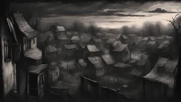 (Masterpiece) View from window, little village in end of afternoon, dark horror art style, extreme quality, draw, second floor, looking to the village,