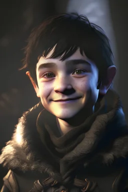 Young male lightfooted halfling, pathfinder universe, side fringe black hair, winter clothing, trickster, full body, young noah schnapp face, round baby face, friendly smile, 4k image, 32k, super resolution, Pro Photo RGB, backlighting, dramatic lighting, soft lighting, volumetric, Conte-Jour, global illumination, screen space global illumination , Scattering, Shadows, Rough, Glossy, Lumen reflections, Screen space reflections, Chromatic aberration, GB-shift, Scan lines, Ambient