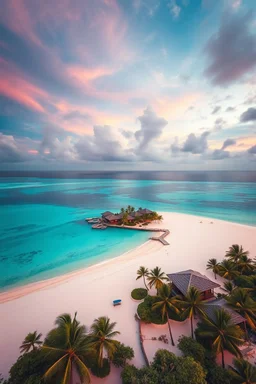 Ultra realistic photo of a secluded tropical island paradise, pristine white sand beaches, turquoise crystal-clear water, luxurious beachfront villas surrounded by palm trees, dramatic sunset sky, enchanting atmosphere, cinematic composition, highly detailed tropical scenery, HOF, full size, (((realism, realphoto, travel photography, professional photographer, captured with professional DSLR camera, 64k, photorealistic, ultra detailed, masterpiece)))