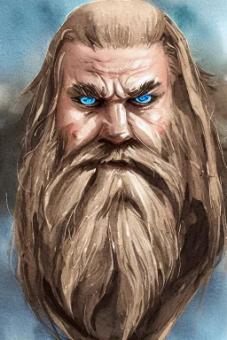 portrait, watercolour, illustration, dnd, fantasy, dwarf, beard, square face, ghost, ethereal, blue skin, glowy skin, see-through, angry