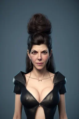 Marisa Tomei in black leather gown, evil, busty, cleavage, curvy, angry, happy, stern look. character design by cory loftis, fenghua zhong, ryohei hase, ismail inceoglu and ruan jia. unreal engine 5, artistic lighting, highly detailed, photorealistic, fantasy