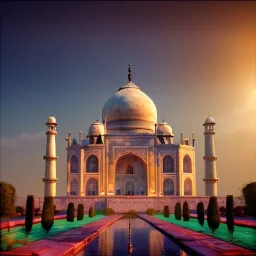 The Taj Mahal, Hindistan, sunset, fantasy art, flying birds, springs, landscape, beautiful, realistic, hyper detailed, unreal engine 5, octane render