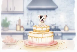 birthday cake, chibi dog in a beautiful kitchen, heart and love in the sunshine, watercolor and black ink outlines, sparkling golden glitter, ethereal, cinematic postprocessing, bokeh, dof