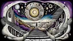 painted inner world with uncontrolled mind and neurodivergens soul, floating doors on sky, over surreal cracked weird empty land . neverending brockened stairs,. dark purple, gray, black, white, brown, malachit, cream color. Whimsical style of Chagall , of Anna Dittman. No people in picture, weird absurd beauty nightmare, in background big neuron network web, surreal vibe