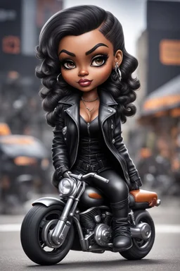 Create an airbrush image of a chibi curvy black female wearing a biker's coat and boots with black tights. Prominent make up with hazel eyes. She is sitting on a big Harley Davidson motorcycle at a bike show.