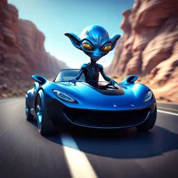 Magnetic blue cartoon alien driving a shiny black open sports car on a a senic road in aeizona, character portrait by Mike Winkleman, featured in cgsociety, pop surrealism, rendered in cinema4d, daz3d, behance hd