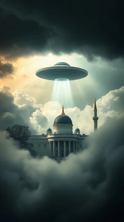 A ufo hovering above the White house hovering above swirling clouds, emerges from the heart of a raging storm. Turbulent winds of steam swirl around the iconic structure, lit by shafts of sunlight that cast dramatic shadows on the A large UFO spacecraft hovering over the White House surrounding clouds. A storm rages and thunder lights up the dark sky, yet the mosque remains calm and quiet, its green dome a beacon of peace in the midst of chaos.