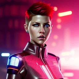 Katheryn Winnick, Cyborg anime warrior, cyberpunk, light red short hair, pixie hairstyle, cobalt eyes, waist up portrait, 8k resolution, retroanime, intricate details, neon details, soft lighting, vibrant colors, masterpiece, intricate eyeliner, dark eyeshadow, eyes, intricate tattoos, gradient background