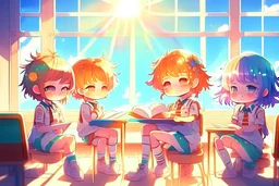 cute chibi holographic girls and boys sitting in the classroom in sunshine