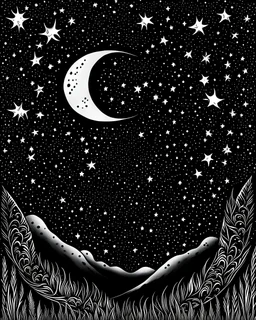 A dreamy night sky filled with constellations and a crescent moon, providing a celestial setting for various nocturnal creatures for colouring pages black and white,fully white backdrop,no blur,no grayscale