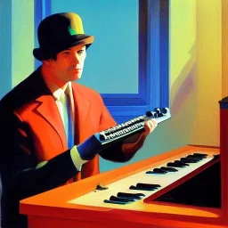 A man in soviet Russia playing with a synthesizer in the style of Edward Hopper