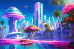 a futuristic city with small aerial buildings, a lot of flowers and palm trees, and a lot of big trees and pink flowers, a lot of fountainsand bridges, in bright colors, luminous and realistic painting, colors