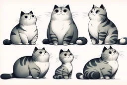 collection of six whimsical cat illustrations. They are drawn in a simplistic, cartoonish, Disney style, each with unique features and postures. The cats vary in size, with some appearing chubby and others slender. They possess a range of facial expressions, from content to curious. The cats are positioned in various orientations, with some facing upwards, others sideways, and one lying down. The overall color scheme is monochromatic, primarily in black and white, giving the illustrations a play