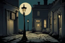 A chillingly eerie cartoon-style image of courtyard, , moonlight, lamppost,