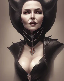 old evil queen in black leather gown, femme fatale, volouptous, busty, cleavage, angry, emperious, 8k resolution concept art portrait by Greg Rutkowski,