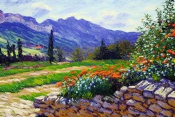 Mountains, sunny day, cloids, stone wall, flowers, pathways, grass, vegetations, distant trees, impressionism painting